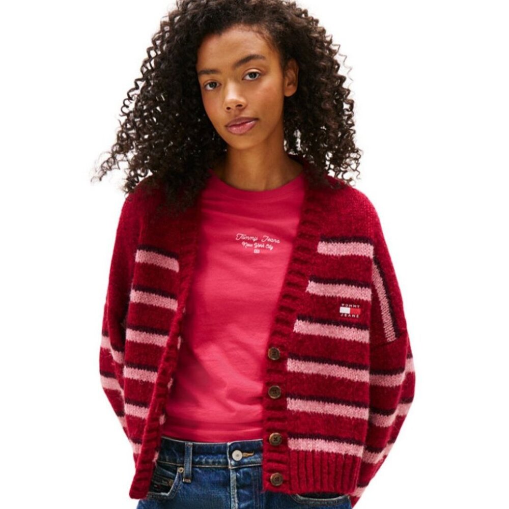 $ 129 Tommy Jeans  Women's Striped Button-Front Long-Sleeve Cardigan Size L